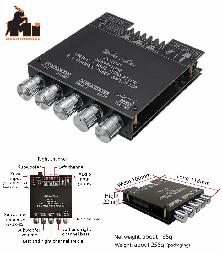 ZK-TB21 TPA3116D2 Bluetooth 5.0 Subwoofer audio Amplifier Board 50WX2+100W 2.1 C
