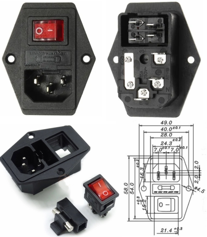 AC 110-220V Power Socket+Fuse Holder+Rocker Switch