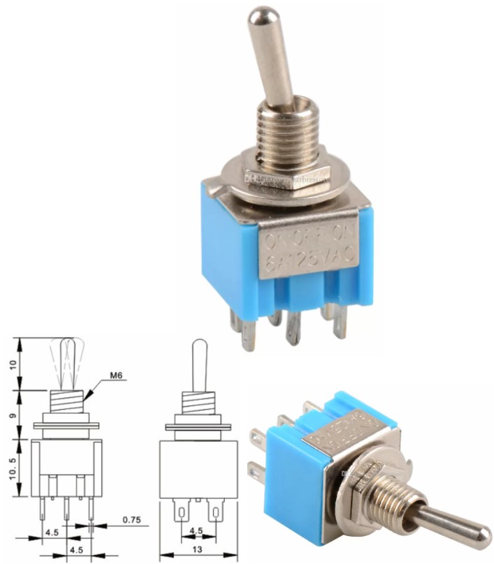 Switch MTS-203 6 Pin DPDT ON-OFF-ON Toggle 6A 