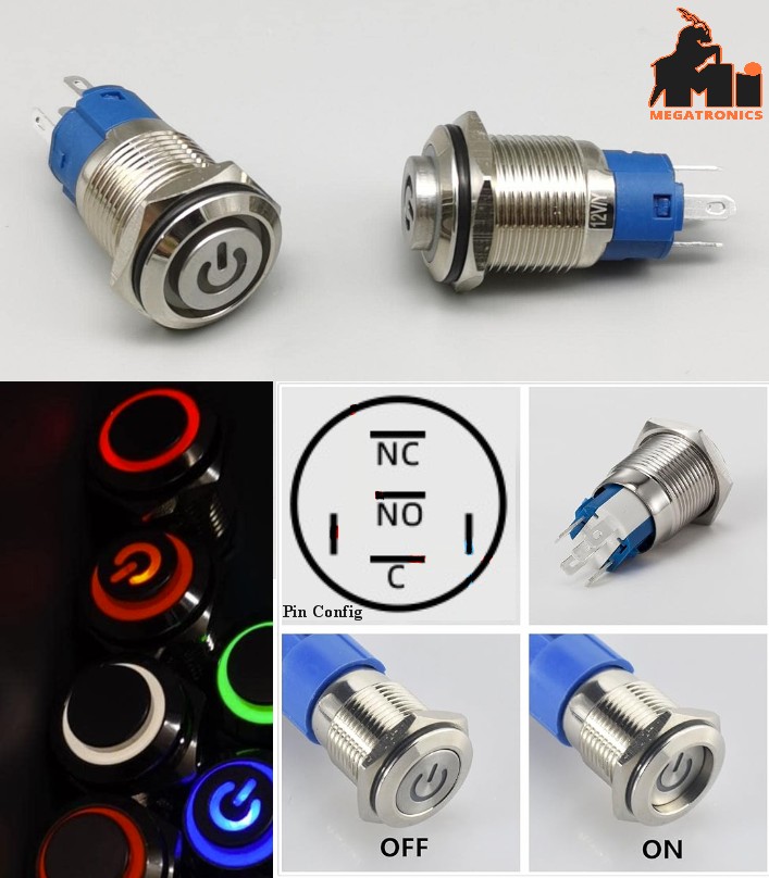 220V 16mm Metal Push Button Switch Self-Lock latch ON-OFF Red light Power symbol