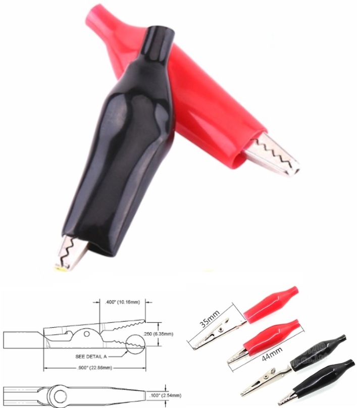 35mm Crocodile Clips with PVC Cover Black+Red battery connector