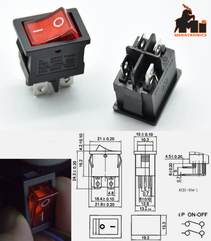 DPST Power switch ON OFF KCD1-104 220V Red light Rocker switch button 21*15mm 