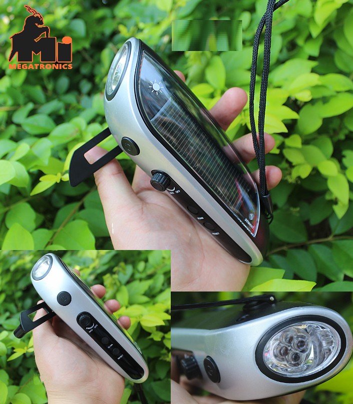 hand cranked self generating flashlight solar charging FM radio lighting multi-f
