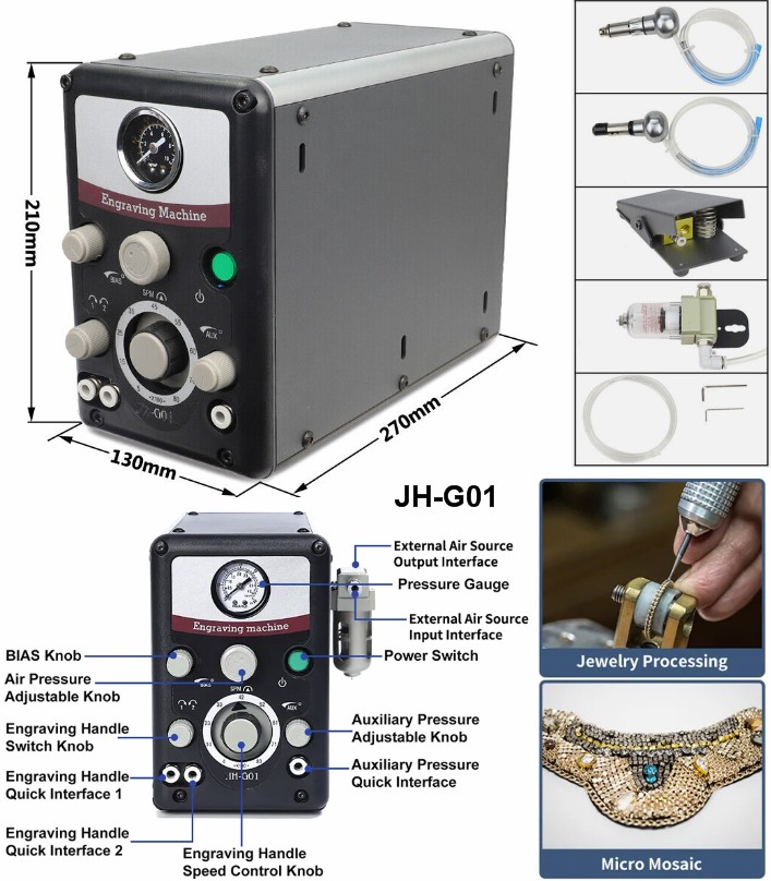 JH-G01 Dual-Head Jewelry Pneumatic Engraving Machine 400-8000RPM Graver