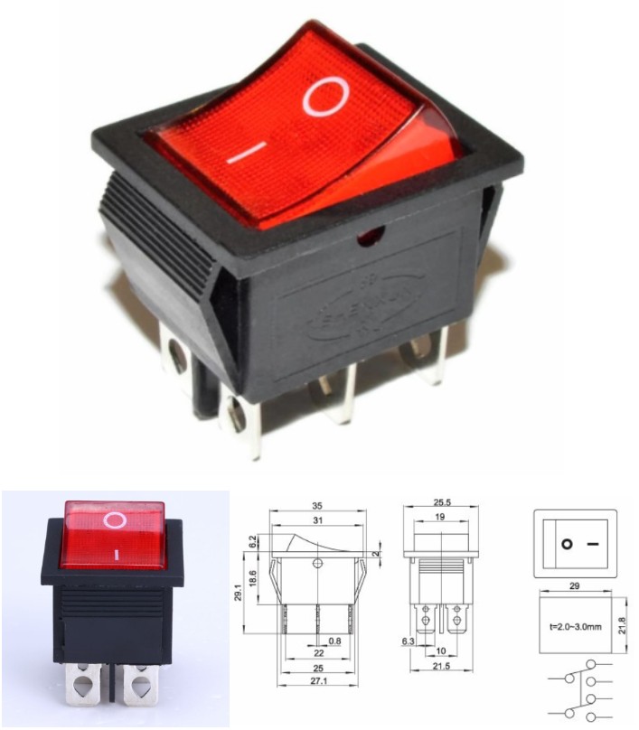 6Pin KCD4-202N ON/OFF Rocker Switch DPDT Red LED