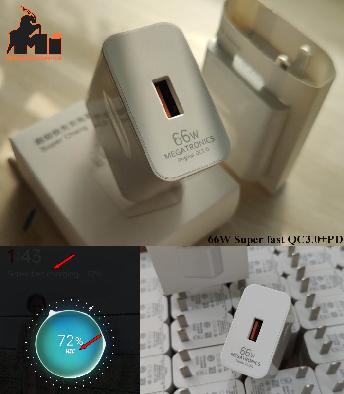 Megatronics 66W Charger USB Super fast charger QC3.0 PD VOOC 6A Oneplus Huawei X