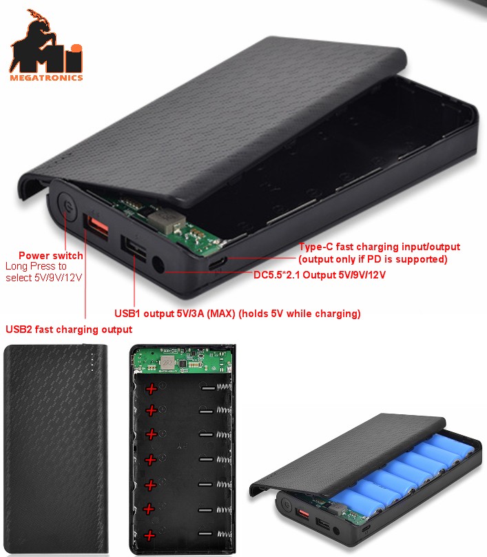 5V 9V 12V DC Output Dual USB Output 7x18650 Battery Case Power Bank Shell case