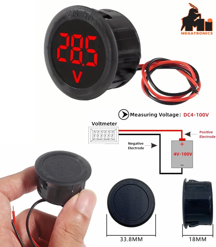 DC Voltage Meter 4V-100V LED Digital Display Round 2 Wire Voltmeter Tester Monit