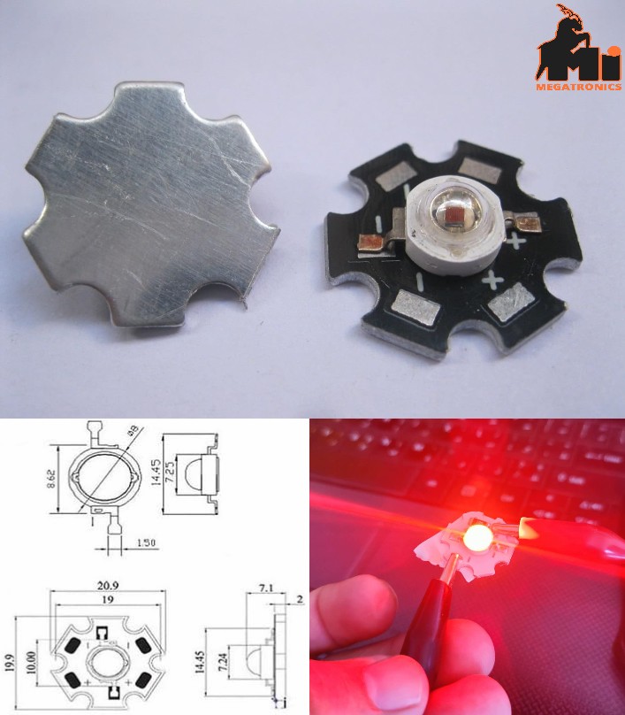 1W 5V 3V-7V High Power RED LED 630nm with 100ohm resistor 20mm PCB heatsink Plum