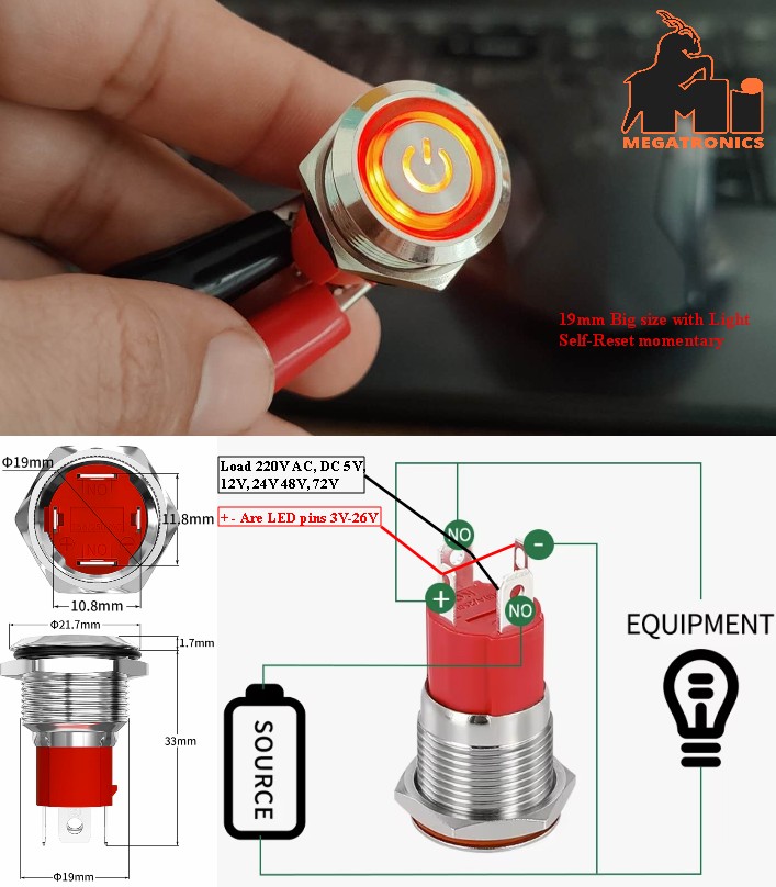 19mm 10A Pushbutton LED power Switch self-reset momentary switch 220V 5V 12V 24V