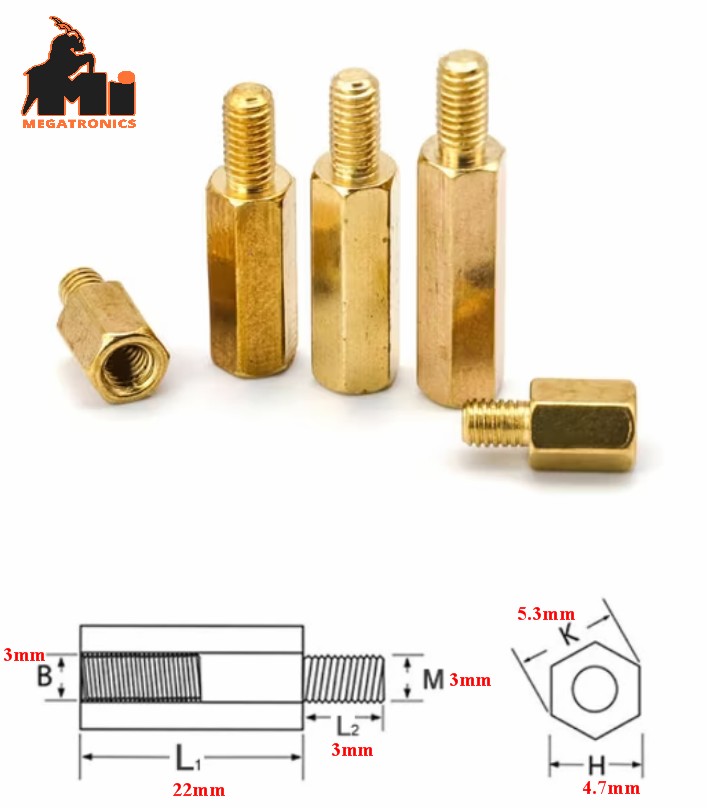 Standoff 22+3mm Brass M3 Hex Spacer Male-Female