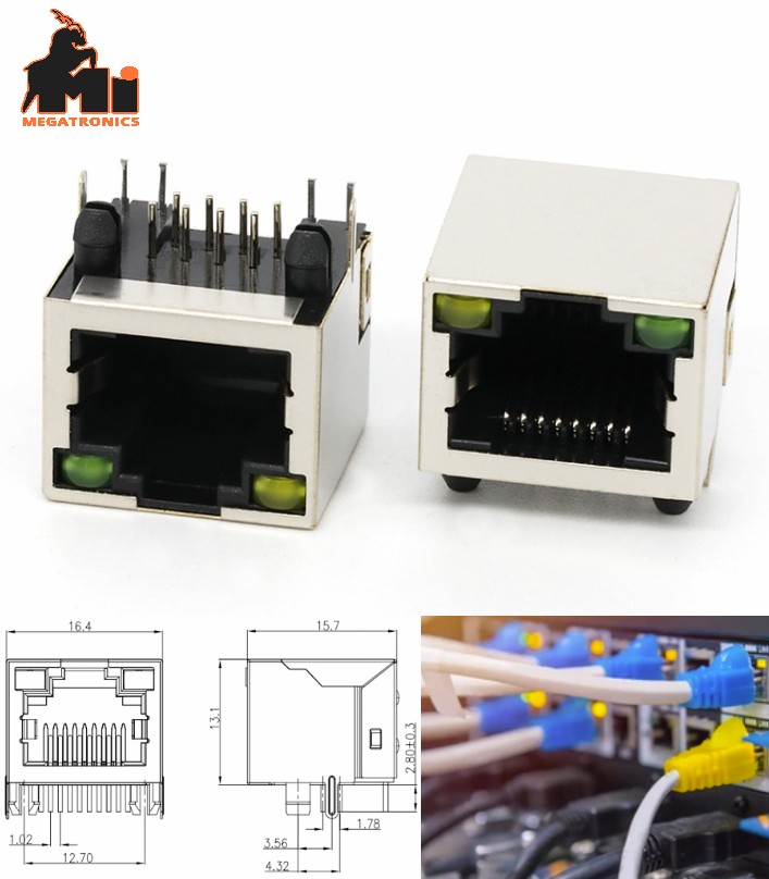 Led RJ45 socket 56 8P8C PCB network Female connector port EMI Modular 90 degree 